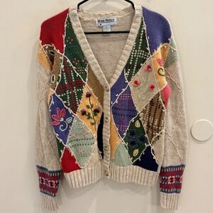 VTG 90s Gina Peters Patchwork Floral Embroidered Cardigan Sweater Small Cottage